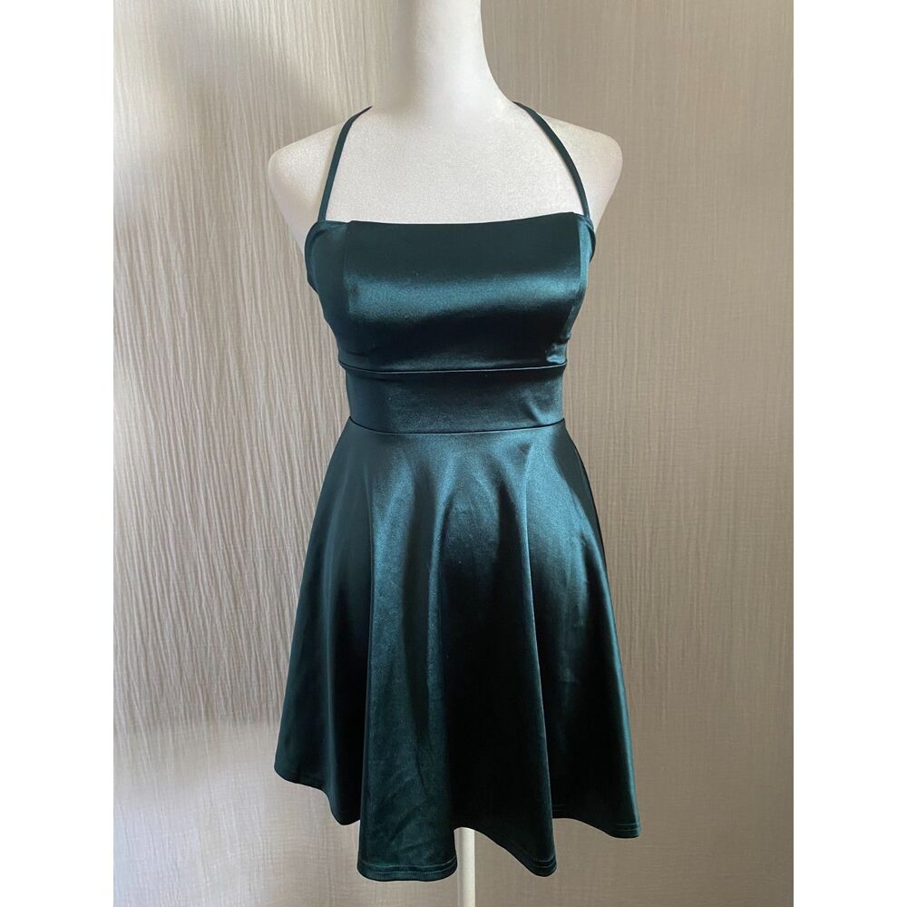 Privy Satin Fit & Fare Dress Size S Dark Green Sleeveless Open Back